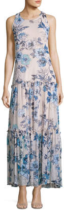Taylor Floral-Print Chiffon Maxi Dress, White/Blue