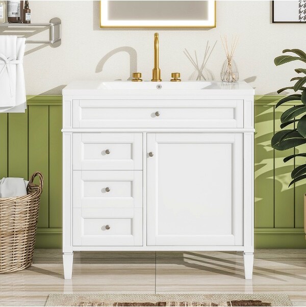 ModernLuxe 36''WBathroomVanitywithTopSink,ModernBathroomStorageCabinetwith2DrawersandaTip-outDrawer,White
