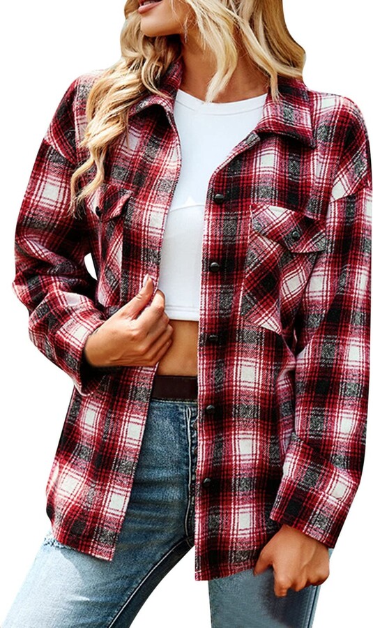 Generic Flannel Shirts for Women Plaid Shacket Jacket Casual Button ...
