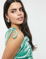 Thumbnail for your product : Collective The Label Petite ruched frill velvet mini dress with tie shoulders in spearmint green