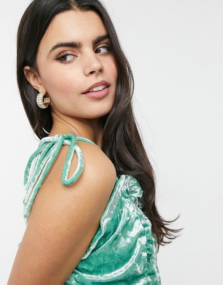 Collective The Label Petite ruched frill velvet mini dress with tie shoulders in spearmint green