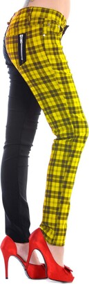 Banned Womens Yellow Half Tartan Plaid Check Emo Punk Split Leg Skinny Trousers - (M / 30" / UK 12)