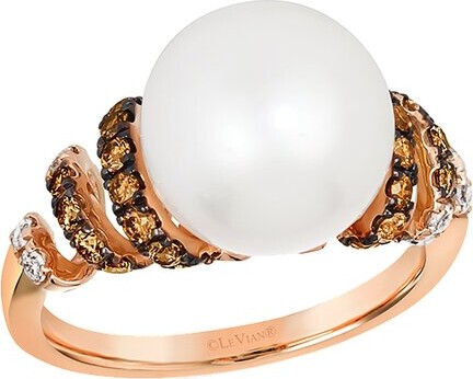LeVian Vanilla Pearls 14K Rose Gold 0.57 Ct. Tw. Diamond & Pearls & 11X12mm Pearl Half-Eternity Cocktail Ring