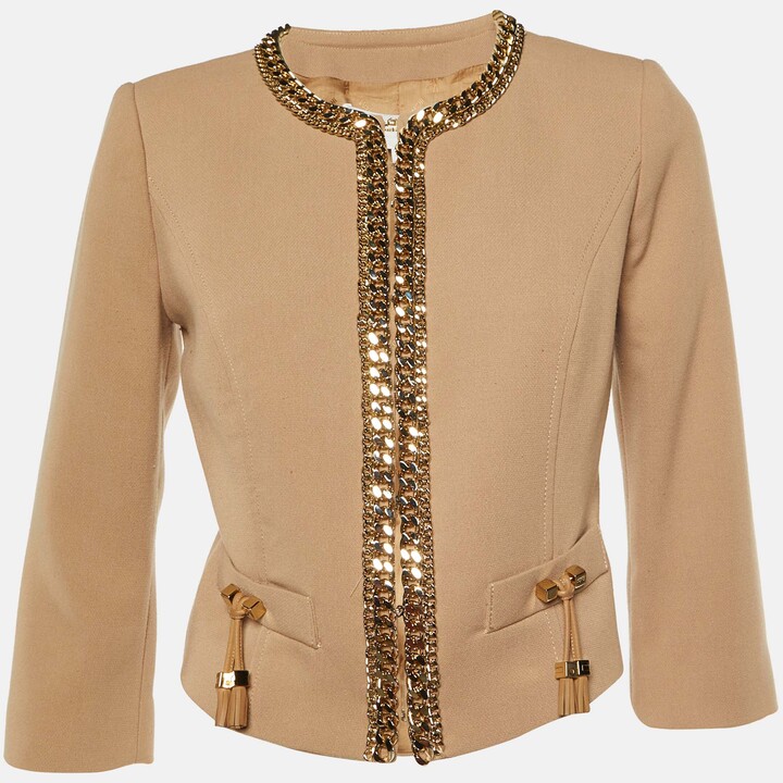 Elisabetta Franchi Gold Beige Cady Chain Trim Jacket L