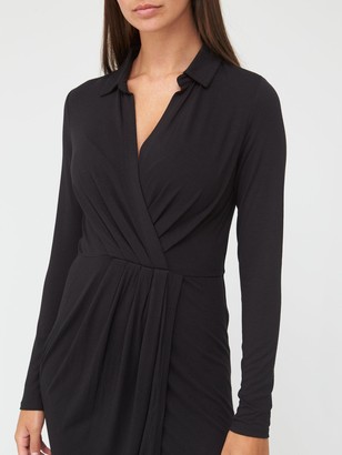 Very Long Sleeve Jersey Collar Midi Dress - Black