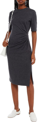 Brunello Cucinelli Embellished Draped Pinstriped Wool And Cotton-blend Midi Dress