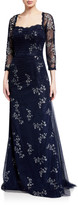 Thumbnail for your product : Rickie Freeman For Teri Jon 3/4-Sleeve Satin Gown with Tulle Overlay & Floral Embroidery