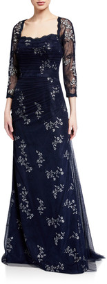 Rickie Freeman For Teri Jon 3/4-Sleeve Satin Gown with Tulle Overlay & Floral Embroidery