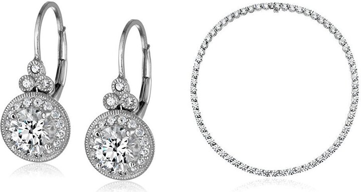 Amazon Collection Platinum-Plated Sterling Silver Swarovski Zirconia Tennis  Necklace and Vintage Leverback Halo Earrings Set - ShopStyle
