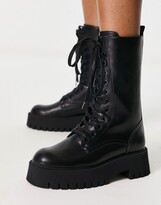 Thumbnail for your product : Stradivarius mid calf lace up moto boot in black