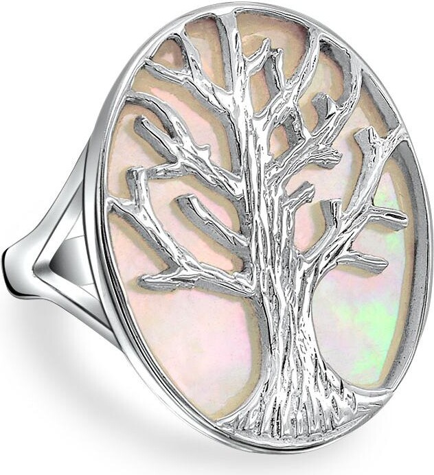 Bling Jewelry Large Statement Iridescent Oval Abalone Rainbow White Mother of Pearl Family Wishing Tree Of Life Ring Wife .925 Sterling Silver
