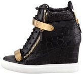 Thumbnail for your product : Giuseppe Zanotti Croc-Embossed Metal-Strap Wedge Sneaker, Black