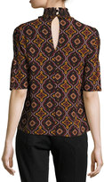 Thumbnail for your product : A.L.C. Miranda Printed Smocked-Collar Short-Sleeve Silk Top