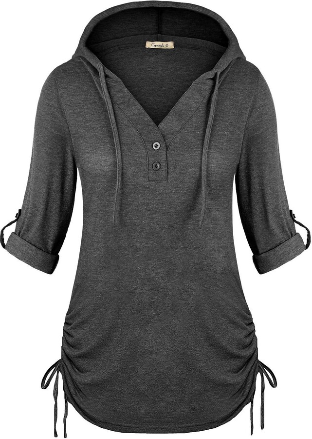 Famulily Womens Causal Drawstring Hood V Neck Long Sleeve Pullover Button Down Sweatshirts Comfy Henley Shirts