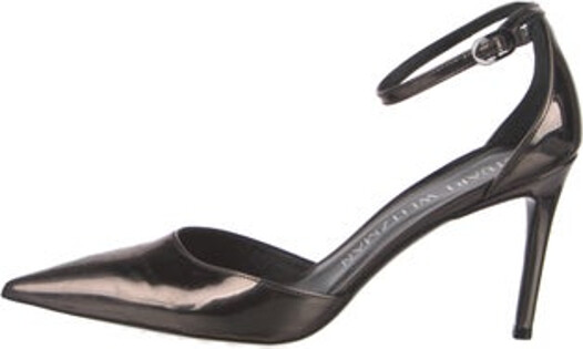 Stuart Weitzman Patent Leather D'Orsay Pumps Metallic Pointed-Toes Wrap-Around Straps & Buckle Closure at Ankles Includes Dust Bag Designer