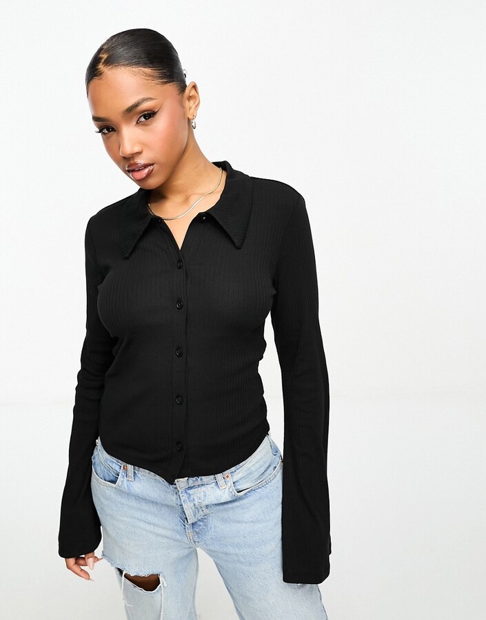 Monki ribbed boat neck long sleeve top with slits in black