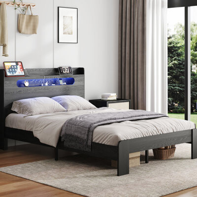 Ivy Bronx King Bed Frame With Under Storage Led Headboard 2  Quiet No Box Spring Easy Assembly Black To Install