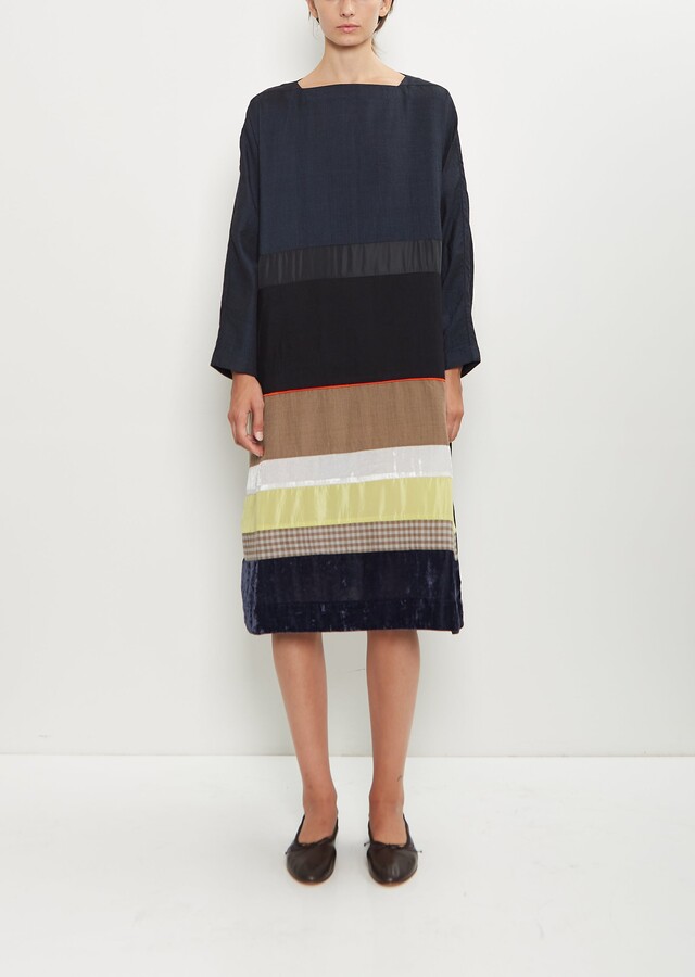 AODRESS Wool Silk Patchwork Boat Neck Dress