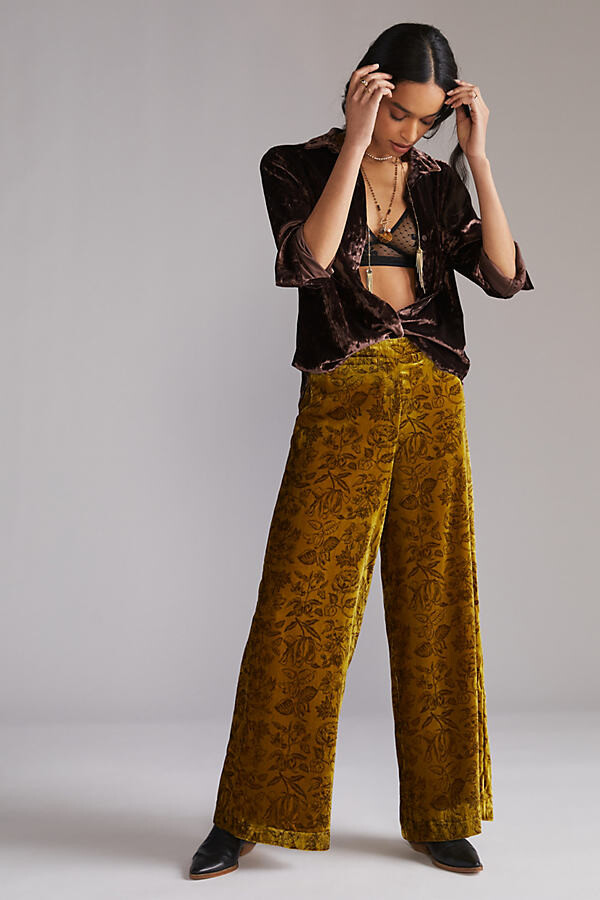 Anthropologie Velvet Wide-Leg Pants By in Gold Size 6 - ShopStyle