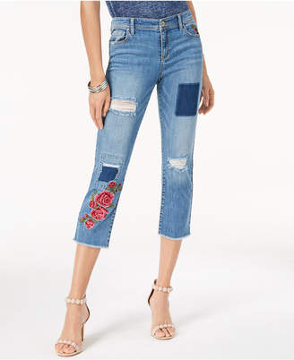 INC International Concepts Cropped Embroidered Patchwork Jeans, Created for Macy's
