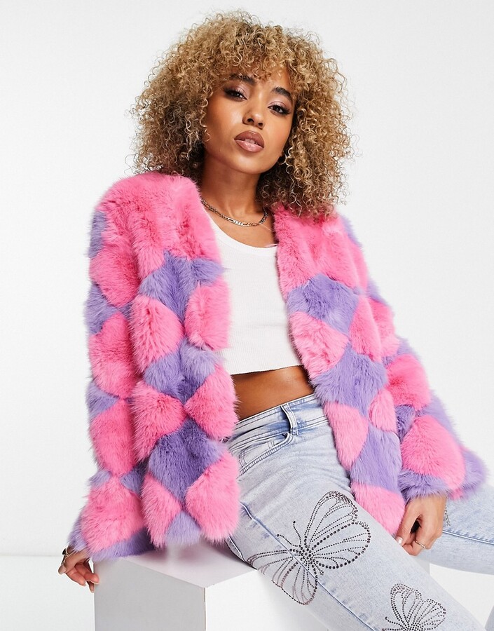 Jayley faux fur statement diamond check coat in pink and lilac - ShopStyle