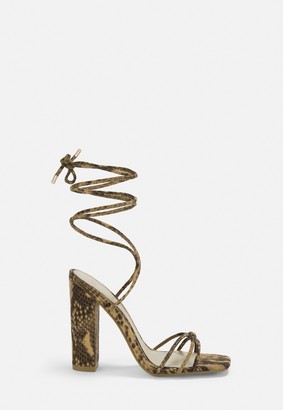 Missguided Nude Snake Print Lace Up Block Heels