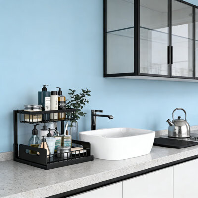 QIANXING Under Sink Organizer 2-Pack, 2-Tier Sliding Pull-Out Cabinet Shelf For Kitchen And Bathroom, Metal Storage Rack For Cleaning Supplies And Toiletries