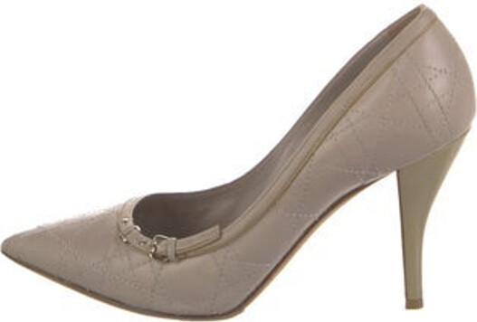 Christian Dior Leather Pumps Grey Cannage Pattern Pointed-Toes Buckle Closure At Uppers Designer