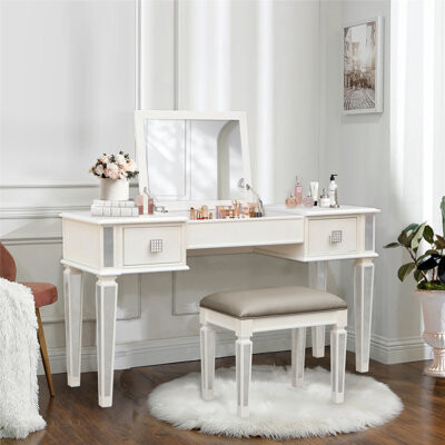 Mirrored Vanities Desk with Drawers, Bedroom Makeup Vanity Table Set with Mirror and Stool, Flip Up Dressing Table, Multi-Functional Furniture Combo