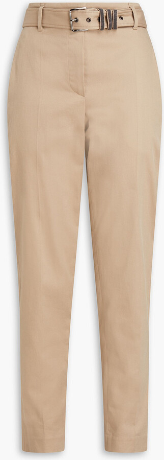 Brunello Cucinelli Bead-embellished belted cotton-blend twill tapered pants