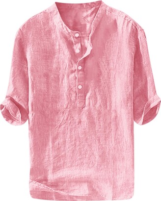 Ryannology Mens Linen Shirts Henley 3/4 Sleeve Casual Cotton T