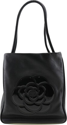 CHANEL Coated Canvas Camellia Medium Shopping Tote Black Beige