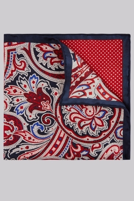 Moss Bros Navy and Red Tie and 4 Way Pocket Square Gift Set