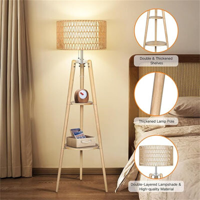Rattan Tripod Floor Lamp With Shelves, Dimmable Mid Century Modern Standing Lamp With Remote Control,Wood Tall Floor Lamps For Living Room Bedroom Off