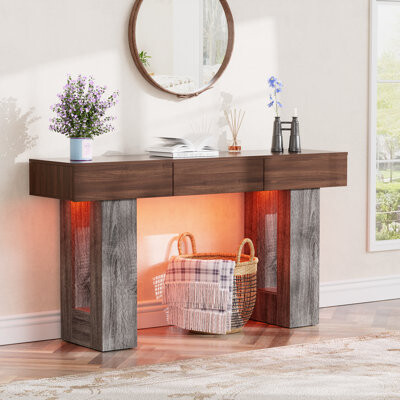 63" Wood Console Table With 3 Drawers And Led Light, Farmhouse Style Entryway Table