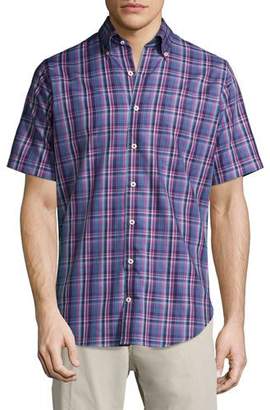 Peter Millar Plaid Short-Sleeve Sport Shirt, Navy/Red