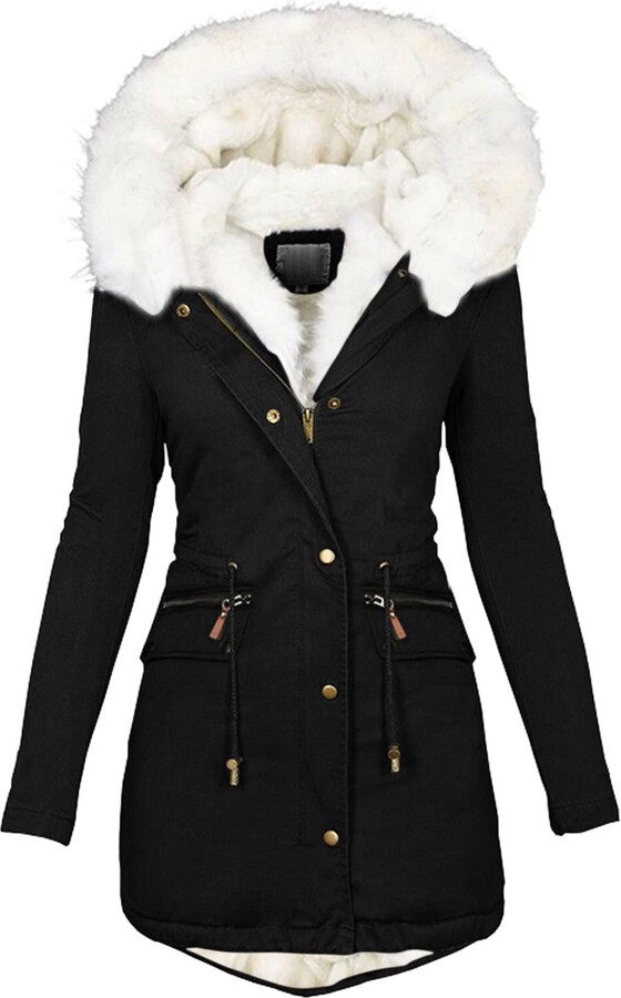 JINGFAN Women Warm Faux Fur Hooded Jacket Long Sleeves Fleece Lined