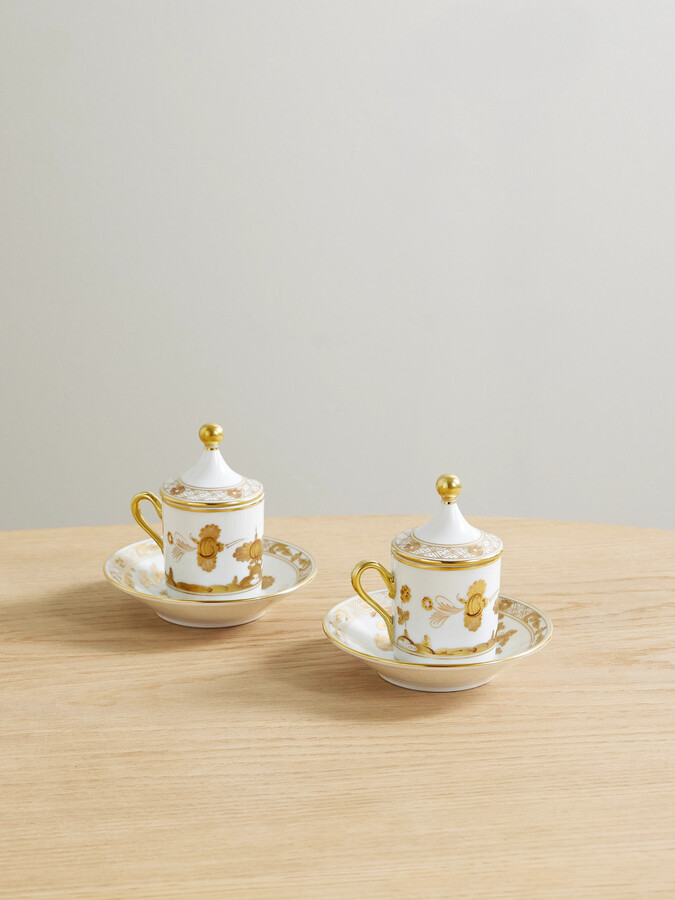 GINORI 1735 Oriente Italiano Set Of Two Gold-plated Porcelain Coffee Cups, Covers And Saucers - White