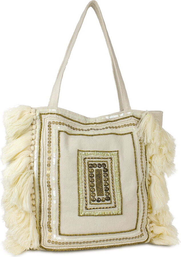 Women’s Embellished Canvas Beach Tote Bag With Tassels