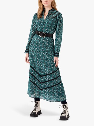 Brora Circle Print Lace Detail Silk Midi Dress, Emerald