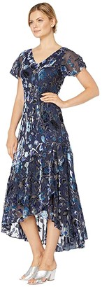 Alex Evenings Long Velvet Burnout Dress with High-Low Hem Detail (Navy/Multi) Women's Dress