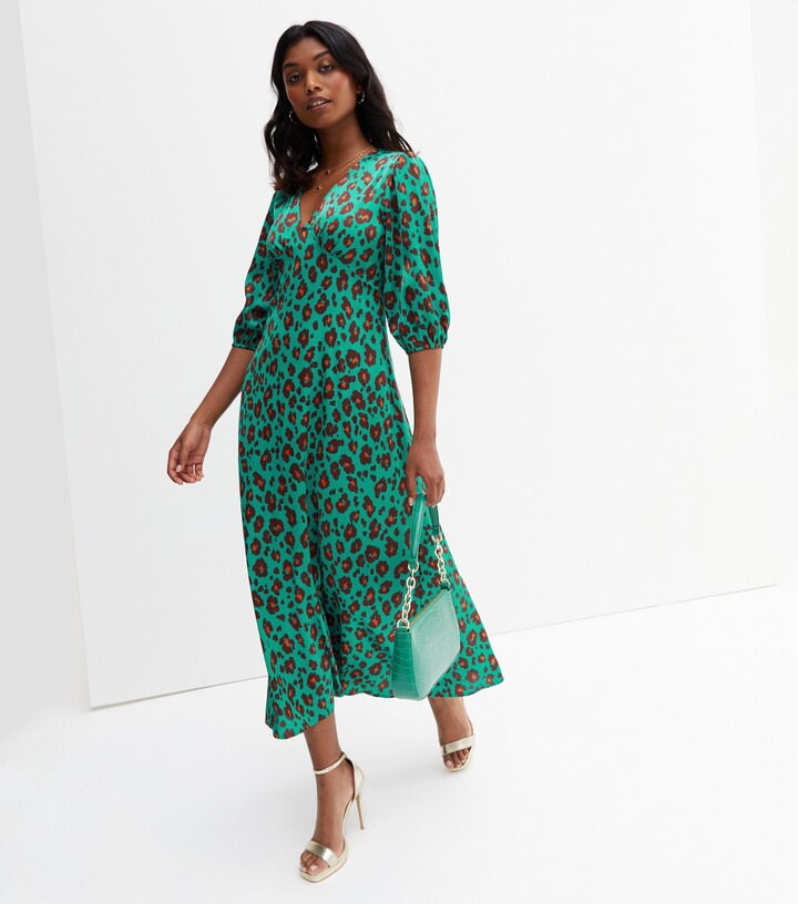 V Neck New Look Green Animal Print Dress Midi Dress Wallis Deals
