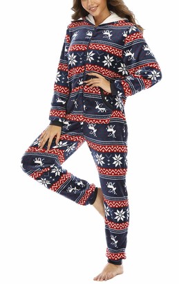 EMLAI Womens Christmas Reindeer Pyjamas Holiday Heart Print Fleece Onesie Flannel Jumpsuit One-Piece Pajamas 