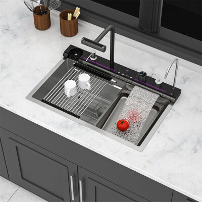 RED GINGER 88 INC 30" Kitchen Sink Waterfall Sink - 30 X 19 X 9 Inch Multifunction Single Bowl 16 Gauge Stainless Steel Ledge Workstation Smart Digital Features Top Mou