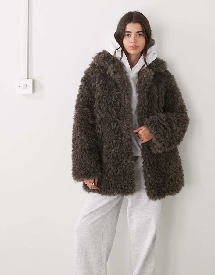 Weekday oversized faux fur coat in dark mole