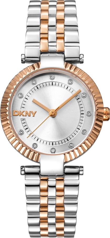 Dkny Women's Essential Glitz Silver Dial Red Gold-Two-Tone Stainless Steel Bracelet Watch 30mm