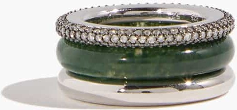 By Pariah Aurea Ring Stack in Grey Diamond/Moss Agate