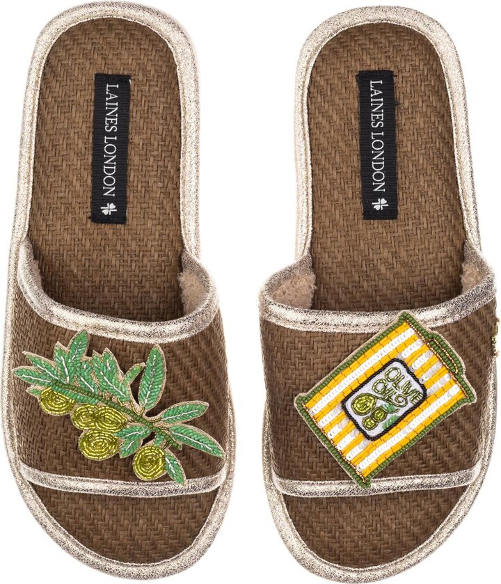 Laines London Brown / Neutrals Straw Braided Sandals With Olives & Olive Oil Brooches - Caramel