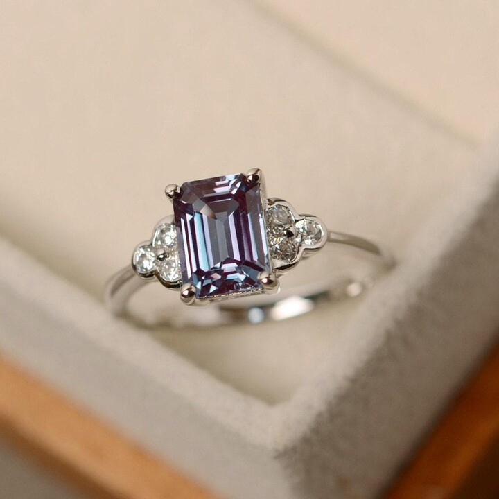Etsy Emerald Cut Alexandrite Cocktail Ring June Birthstone 14K Whiqte Gold Multi-stone Ring