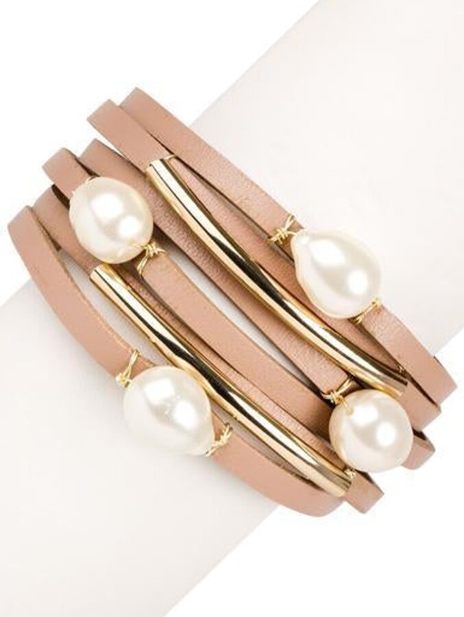 Rivet and Crystal on White Leather Fonhop Double Wrap Spire Lamella Bracelet
